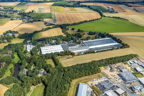 Aerial view, BEGA Gantenbrink-Leuchten company campus, Menden, Sauerland, Märkischer Kreis, North