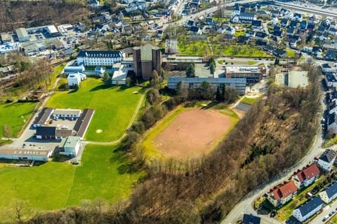 Aerial view, Königsmünster Abbey, Benedictine grammar school, abbey church, sports field, Meschede,