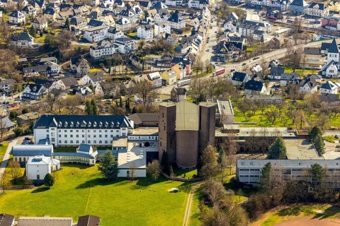 Aerial view, Königsmünster Abbey, abbey church, Meschede, Sauerland, North Rhine-Westphalia,