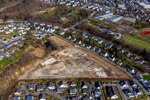 Aerial view, construction area residential development Waldstraße, former concrete plant