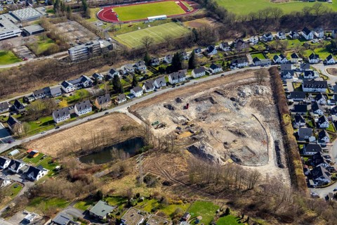 Aerial view, construction area residential development Waldstraße, former concrete plant