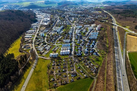 Aerial view, residential area local view garden city, Fachhochschule Südwestfalen, allotment garden
