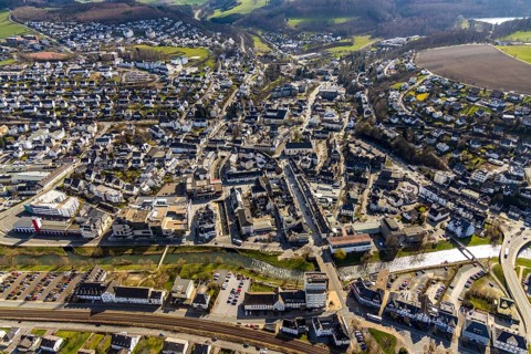 Aerial view, city centre view, river Ruhr, Coventry bridge, citizens' office Meschede, catholic