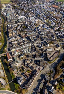 Aerial view, city centre view, river Ruhr, citizens' office Meschede, catholic parish church St.