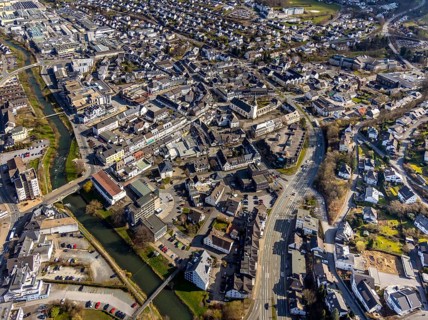 Aerial view, city centre view, river Ruhr, citizens' office Meschede, catholic parish church St.