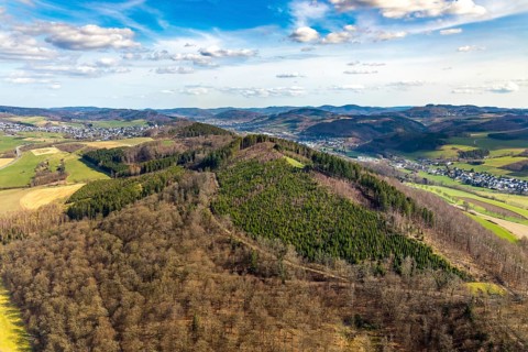 Aerial view, hilly landscape forest area at the garden city, Meschede, Sauerland, North