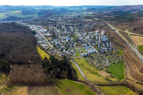 Aerial view, residential area local view garden city, Fachhochschule Südwestfalen, allotment garden