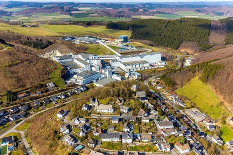 Aerial view, Brewery C.& A. VELTINS GmbH & Co. KG, new high-bay warehouse, Grevenstein, Meschede,