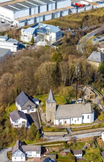 Aerial view, St. Antonius Einsiedler Church, company building Veltins Brewery, Grevenstein,