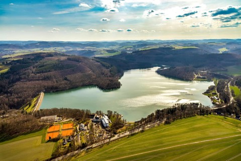 Aerial view, Hennetalsperre, Hennesee, Welcome Hotel Meschede Hennesee, Meschede, Sauerland, North