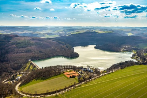 Aerial view, Hennetalsperre, Hennesee, Welcome Hotel Meschede Hennesee, Meschede, Sauerland, North