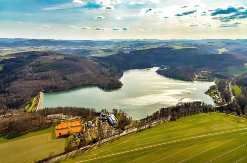 Aerial view, Hennetalsperre, Hennesee, Welcome Hotel Meschede Hennesee, Meschede, Sauerland, North