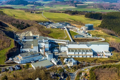 Aerial view, Brewery C.& A. VELTINS GmbH & Co. KG, new high-bay warehouse, Grevenstein, Meschede,