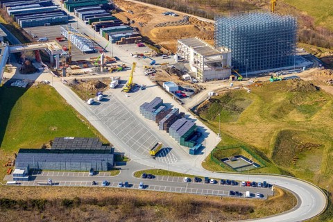 Aerial view, Brewery C.& A. VELTINS GmbH & Co. KG, new construction high-bay warehouse,