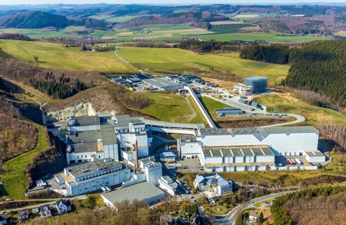 Aerial view, Brewery C.& A. VELTINS GmbH & Co. KG, new high-bay warehouse, Grevenstein, Meschede,