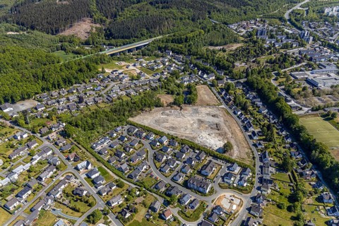 Aerial view, aerial view Meschede North, bridge of the motorway A46, construction site, Meschede,