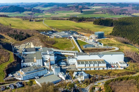 Aerial view, Brewery C.& A. VELTINS GmbH & Co. KG, new high-bay warehouse, Grevenstein, Meschede,