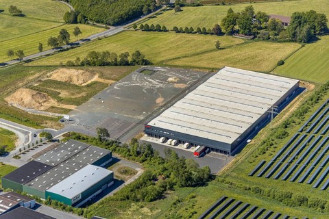 Aerial view, industrial estate Enste Nord, new building logistics centre Briloner Leuchten GmbH,