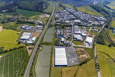 Aerial view, industrial estate Enste Nord, new building logistics centre Briloner Leuchten GmbH,