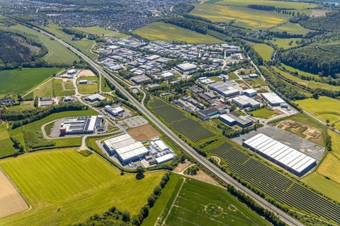 Aerial view, industrial estate Enste Nord, new building logistics centre Briloner Leuchten GmbH,