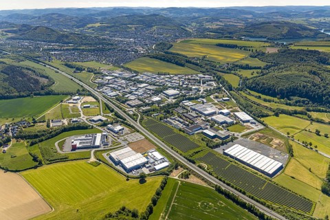 Aerial view, industrial estate Enste Nord, new building logistics centre Briloner Leuchten GmbH,