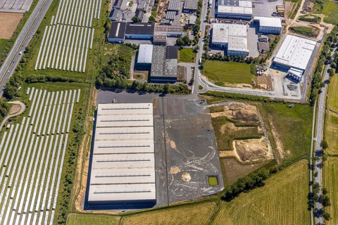Aerial view, industrial estate Enste Nord, new building logistics centre Briloner Leuchten GmbH,