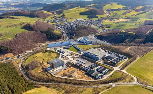 Aerial view, View of Grevenstein, Brewery C.& A. VELTINS GmbH & Co. KG, new high-bay warehouse,