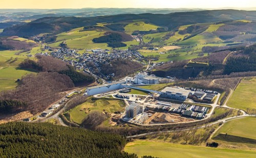 Aerial view, View of Grevenstein, Brewery C.& A. VELTINS GmbH & Co. KG, new high-bay warehouse,