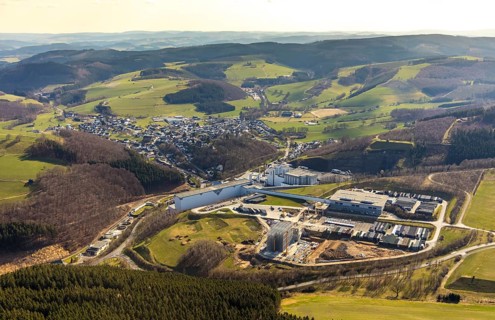 Aerial view, View of Grevenstein, Brewery C.& A. VELTINS GmbH & Co. KG, new high-bay warehouse,