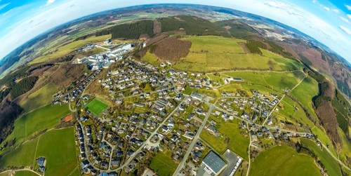 Aerial view, View of Grevenstein, Brewery C.& A. VELTINS GmbH & Co. KG, new high-bay warehouse,
