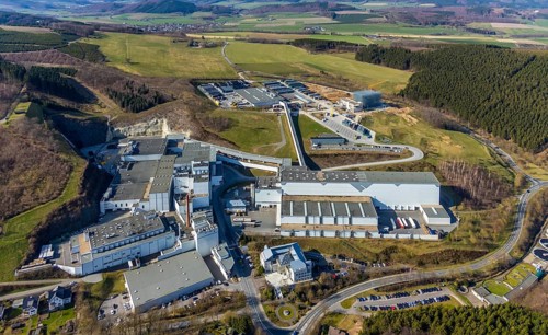 Aerial view, Brewery C.& A. VELTINS GmbH & Co. KG, new high-bay warehouse, Grevenstein, Meschede,