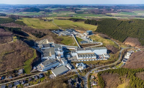 Aerial view, Brewery C.& A. VELTINS GmbH & Co. KG, new high-bay warehouse, Grevenstein, Meschede,