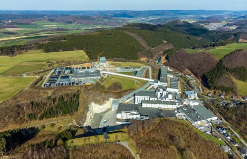 Aerial view, Brewery C.& A. VELTINS GmbH & Co. KG, new high-bay warehouse, Grevenstein, Meschede,