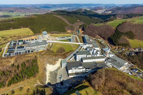 Aerial view, Brewery C.& A. VELTINS GmbH & Co. KG, new high-bay warehouse, Grevenstein, Meschede,