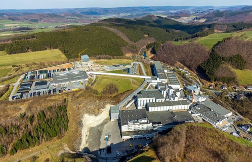 Aerial view, Brewery C.& A. VELTINS GmbH & Co. KG, new high-bay warehouse, Grevenstein, Meschede,