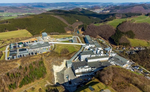 Aerial view, Brewery C.& A. VELTINS GmbH & Co. KG, new high-bay warehouse, Grevenstein, Meschede,