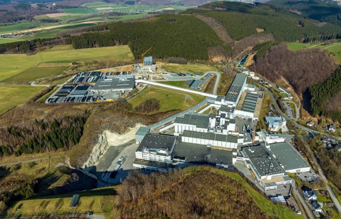 Aerial view, Brewery C.& A. VELTINS GmbH & Co. KG, new high-bay warehouse, Grevenstein, Meschede,