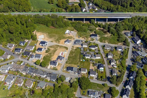Aerial view, aerial view Meschede North, bridge of the motorway A46, construction site, Meschede,