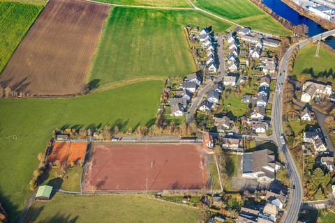 Aerial view, sports field Olpe, local view Olpe, Olpe, Meschede, Sauerland, North Rhine-Westphalia,