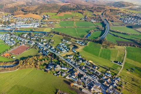 Aerial view, sports field and district Olpe, river Ruhr, motorway A46 with tunnel passage, local
