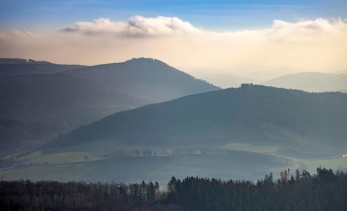 Aerial view, mountains and valleys, forest in fog, Sauerland heights, hilly landscape, Visbeck,