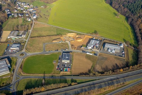 Aerial view, construction site industrial estate Enste, Auto Technik Schulte, Auf dem Bruch, Enste,