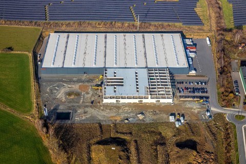 Aerial view, industrial estate Enste Nord, new construction logistics centre Briloner Leuchten,