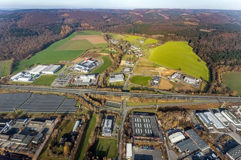Aerial view, industrial estate Enste-Nord, Enste, Meschede, Sauerland, North Rhine-Westphalia,