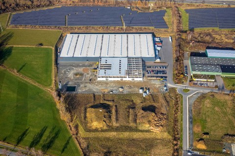 Aerial view, industrial estate Enste Nord, new construction logistics centre Briloner Leuchten,