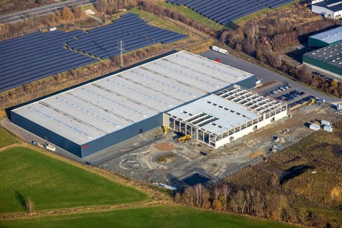 Aerial view, industrial estate Enste Nord, new construction logistics centre Briloner Leuchten,
