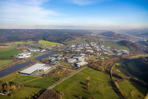 Aerial view, industrial estate Enste Nord, new construction logistics centre Briloner Leuchten,