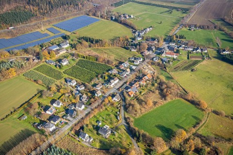 Aerial view, local view Stockhausen, Stockhauser Straße, solar plant, Wennemen, Meschede,