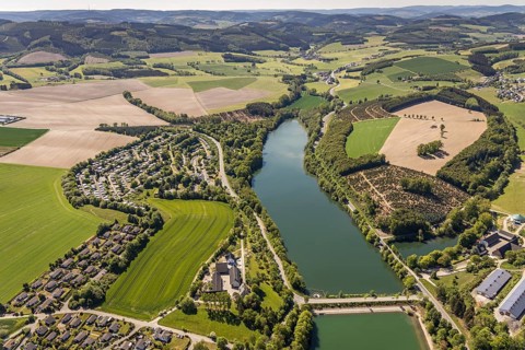 Aerial view, Hennetalsperre, Hennesee, KNAUS Campingpark Hennesee, Meschede, Sauerland, North