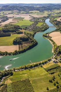 Aerial view, Hennetalsperre, Hennesee, excursion boat, holiday home complex Hennestrand, KNAUS
